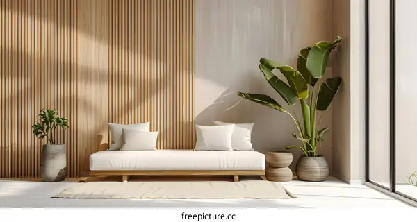 Minimalist Living Room Interior Design With Wooden Wall Panels And Plants