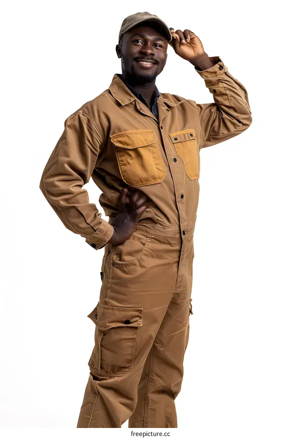 Smiling African Man in Workwear Adjusting His Cap