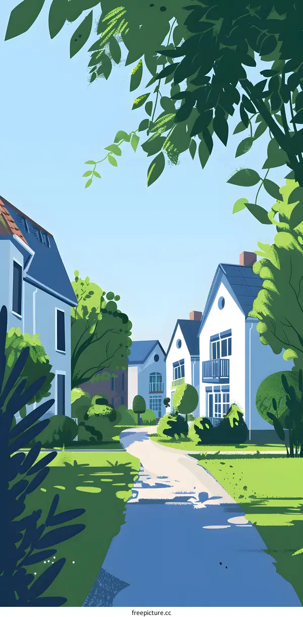 Houses and Pathway with Green Trees in a Suburban Neighborhood