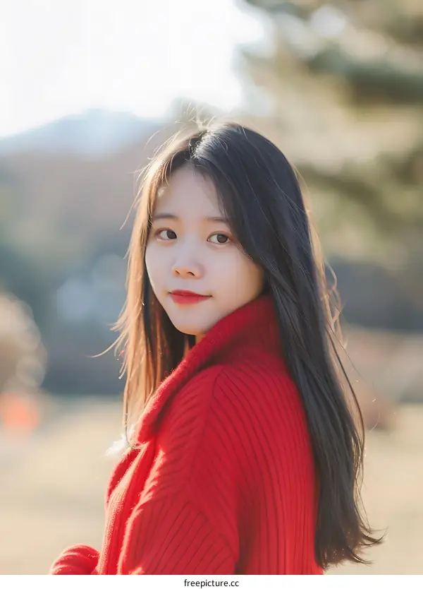 Portrait of a Young Asian Woman in a Red Sweater