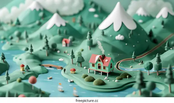 Green Miniature Landscape with Tiny Houses and Mountains
