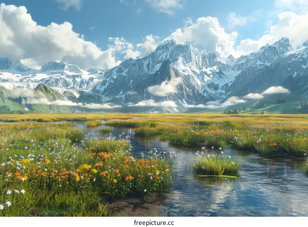Alpine Meadow with Wildflowers and Mountain Views