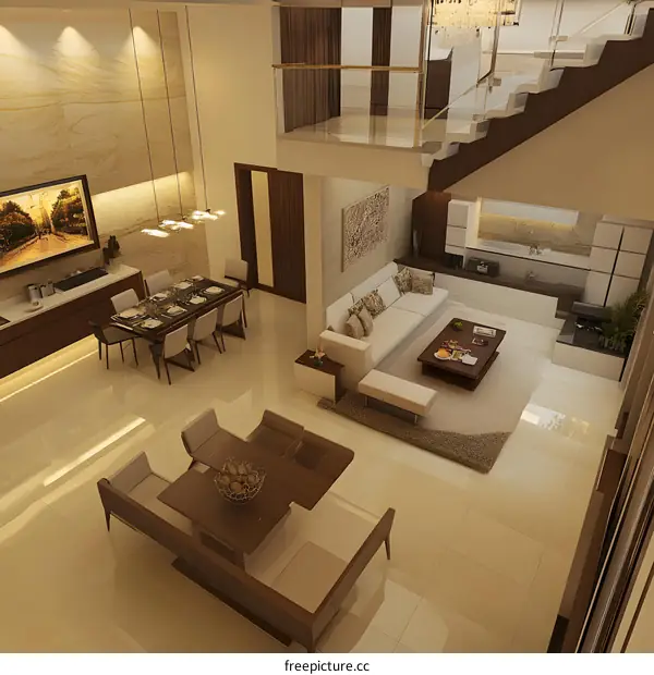 Modern Interior Design of a Living Room and Dining Room with a View from Above