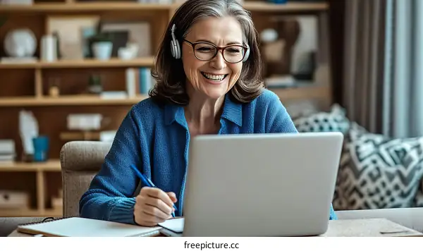Happy Senior Woman Working on Laptop