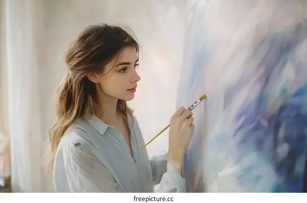 Young Artist Woman Painting Abstract Artwork With Brush