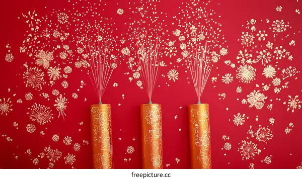 Golden Fireworks on Red Background with Decorative Cylinders