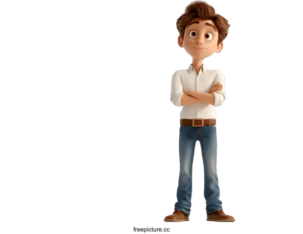 [Transparent Background PNG]a 3d cartoon boy with brown hair and blue eyes wearing a white shirt and blue jeans
