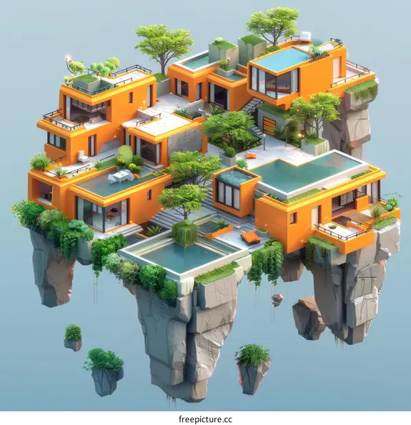 Futuristic city with floating islands and modern architecture