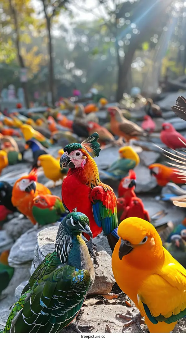 A large group of colorful parrots and peafowl in a park