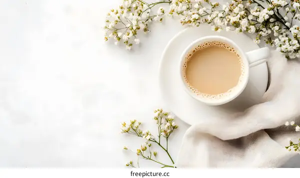 White Coffee Cup With Flowers And White Fabric On White Background