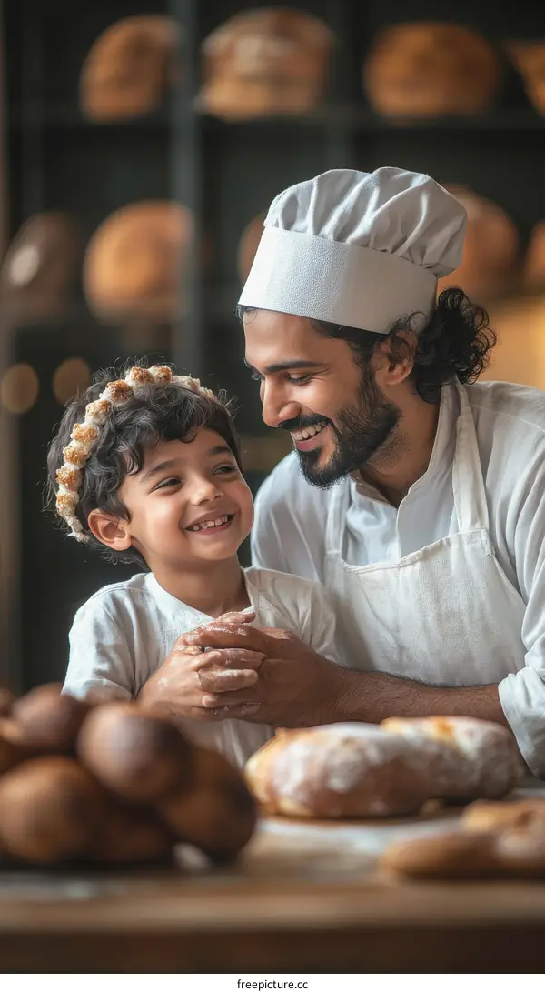 Father and Son Baking Bread Together in Bakery