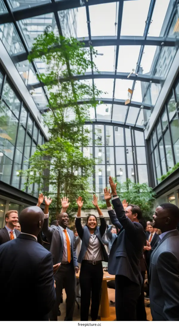 A group of business professionals in suits celebrating in an atrium