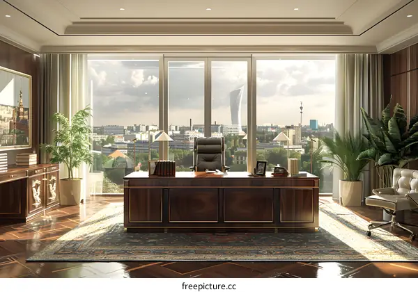 Luxury office interior with large windows and a view of the city