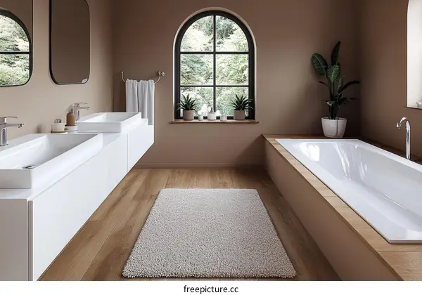 Modern Beige Bathroom with Double Sinks and Bathtub