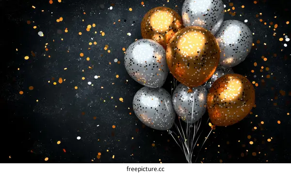 Sparkling Silver and Gold Balloons on Dark Background