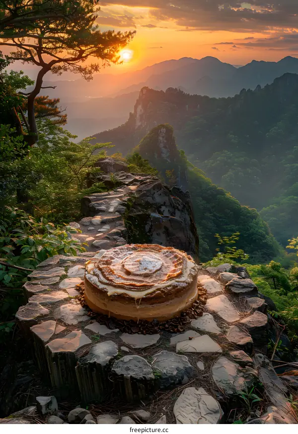 A cake on a rock with a beautiful sunset and mountain view