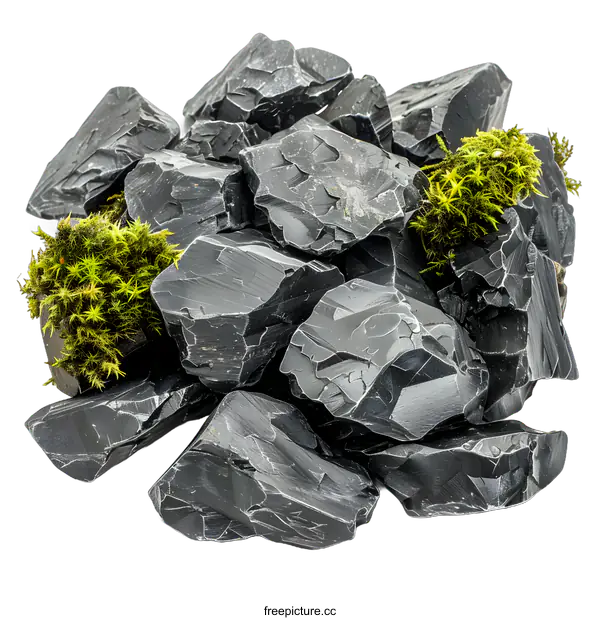[Transparent Background PNG]Black Obsidian Stone with Moss