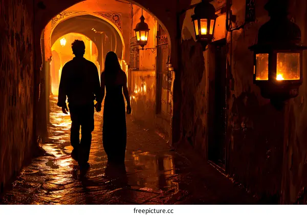 Silhouette of a Couple Walking Through a Narrow Street at Night in a European City