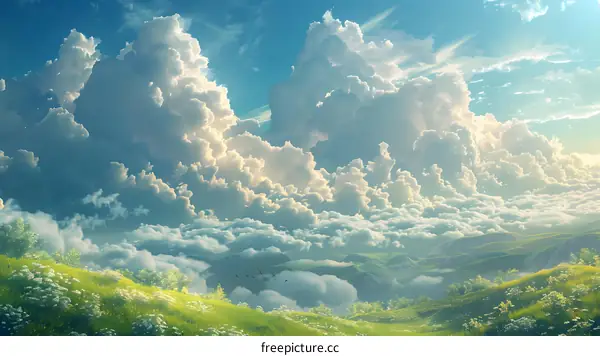 The vast sky is full of white clouds, and the green hills are full of vitality