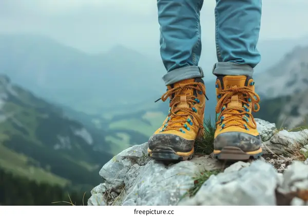 A person wearing hiking boots is standing on a rock in the mountains.
