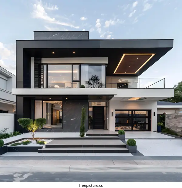 Modern Black And White Two Story House With A Garage