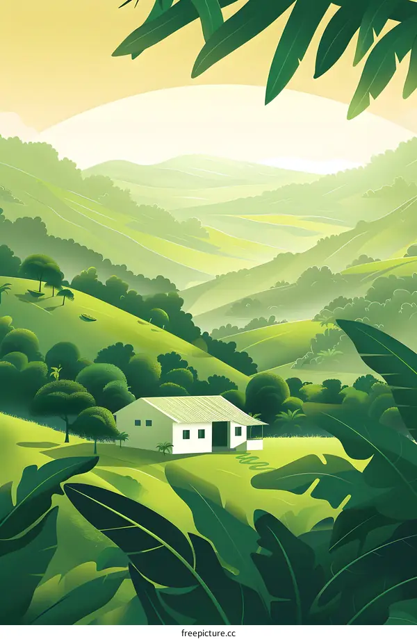Green Hills and Small House Illustration