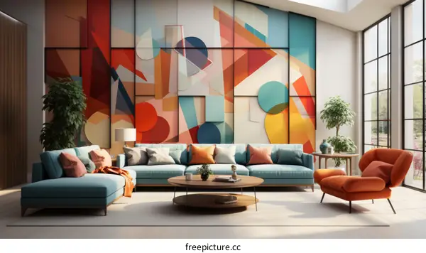Modern geometric wall mural in living room interior