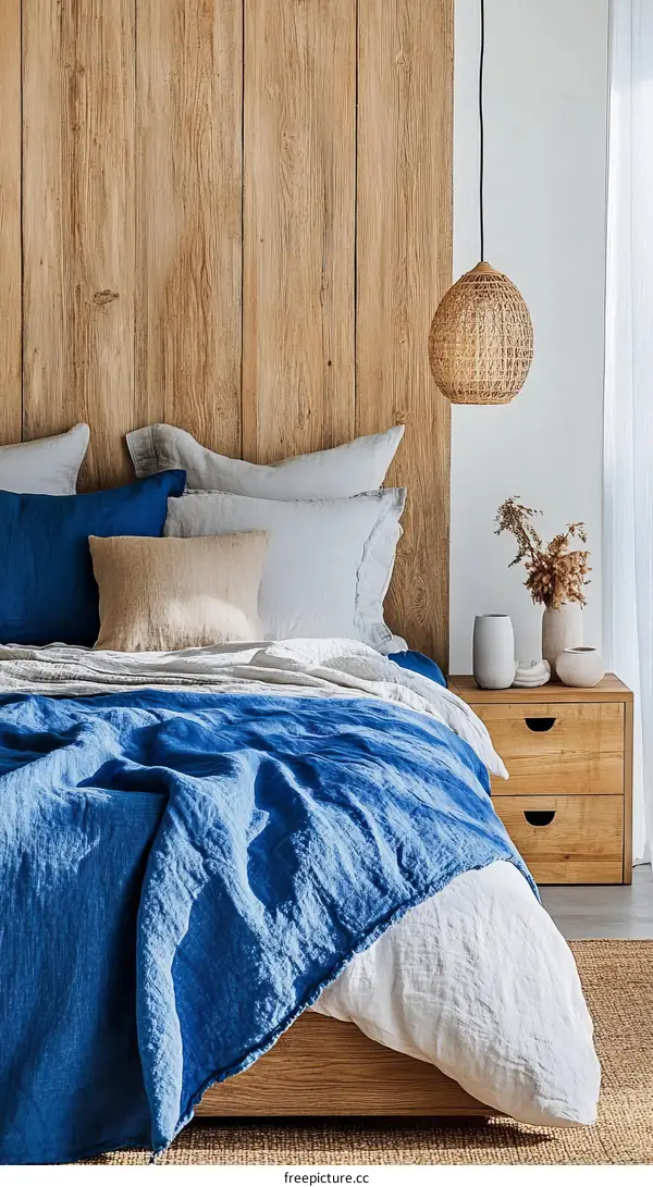 Cozy Bedroom Bedding Set with Wooden Wall
