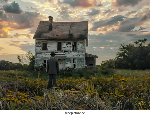 man in suit standing in front of abandoned house