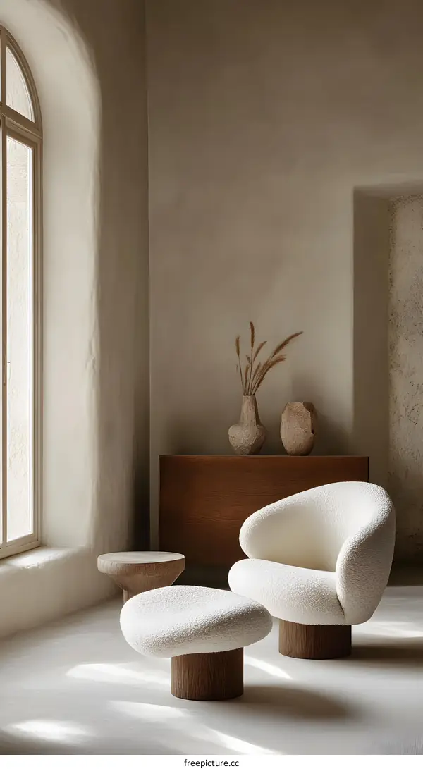 Minimalist Living Room Interior Design with White Armchair and Ottoman
