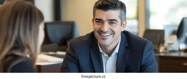 Smiling Businessman Sitting at Desk in Office