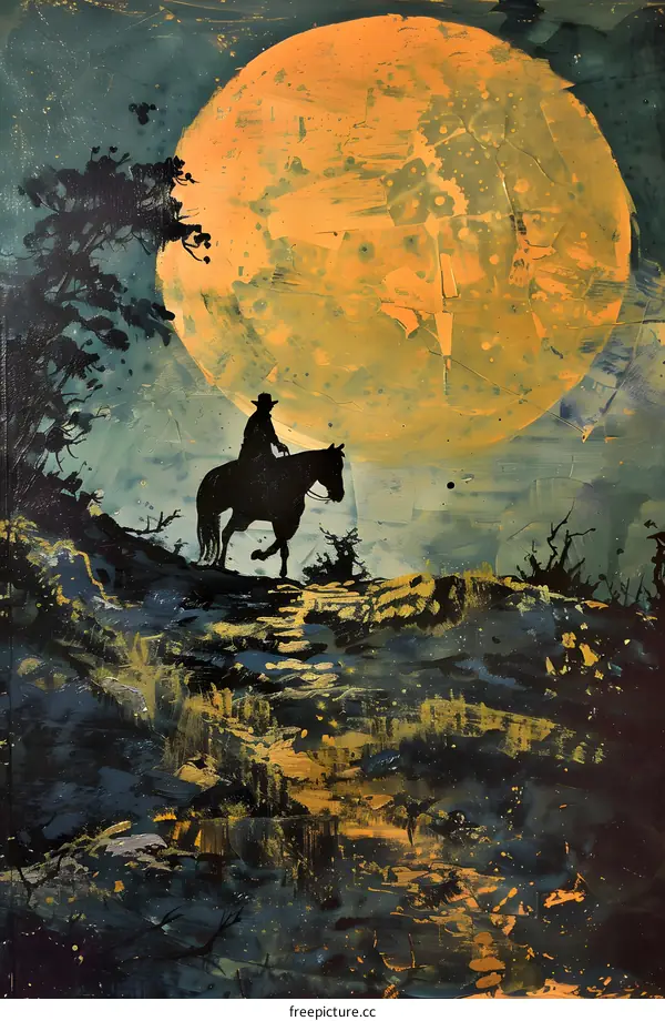 Silhouette of a Man on Horseback Riding Underneath a Big Moon