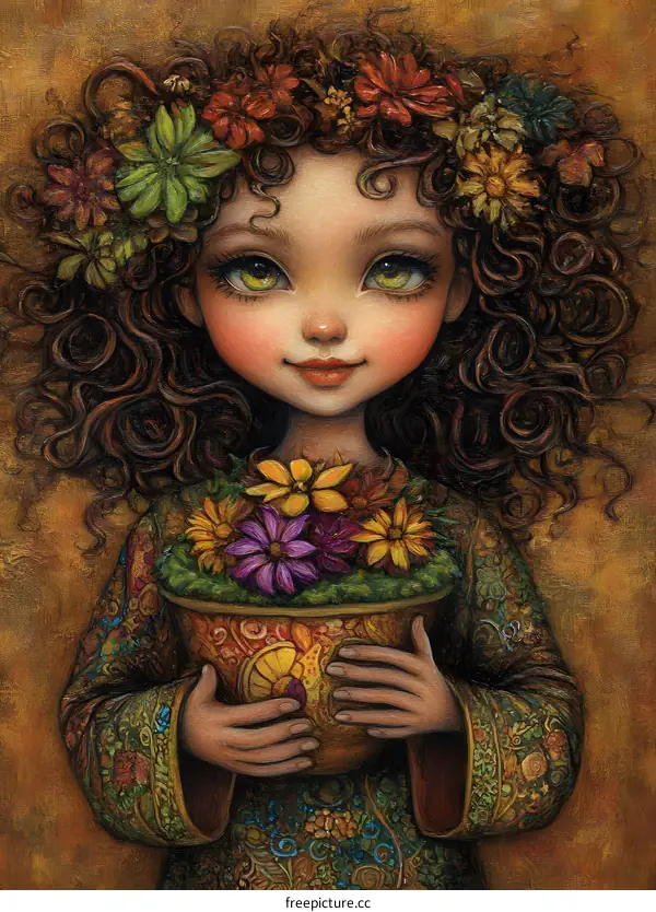 Young Girl with Flowers and a Floral Crown