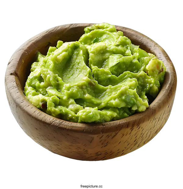 [Transparent Background PNG]Homemade fresh green avocado guacamole in wooden bowl