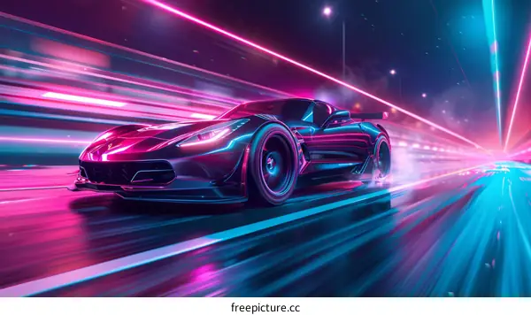 Futuristic Sports Car Speeding Through Neon City