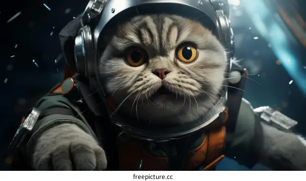 A cat wearing a spacesuit is floating in space