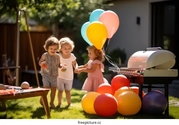 Three happy little Caucasian girls playing with balloons in the backyard