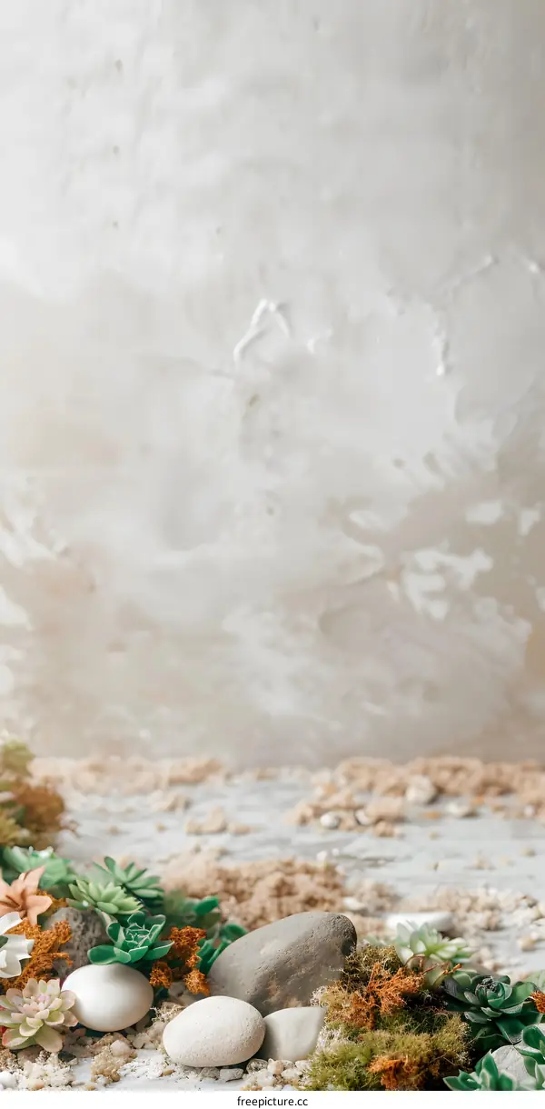 Minimalist Nature Background With White Stones And Succulents