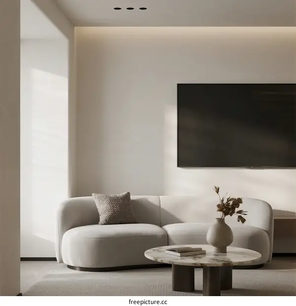 Modern Minimalist Living Room with Curved Sofa and Natural Light