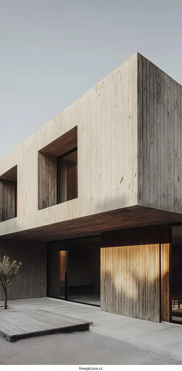 Modern Concrete House With Large Windows And Wooden Deck