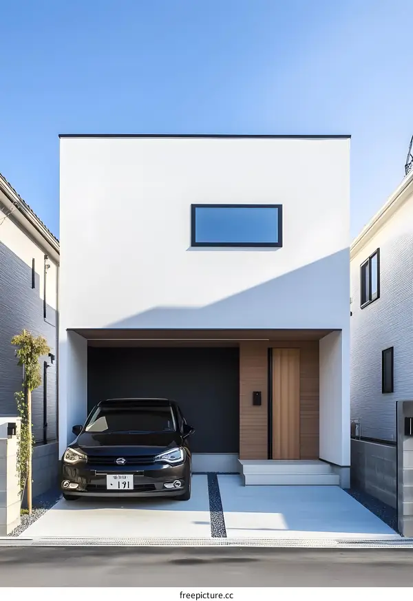 Modern Minimalist White House with Car Garage and Wooden Door