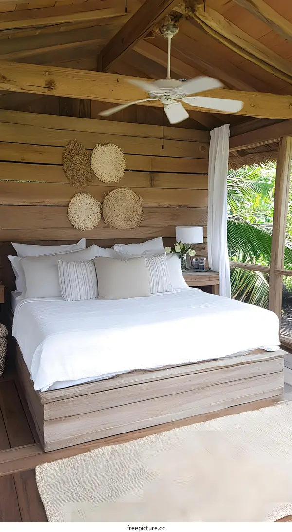 Wooden Cabin Bedroom with White Bedding and Ceiling Fan