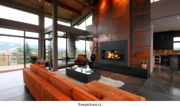 Modern living room interior design with large windows and a cozy fireplace
