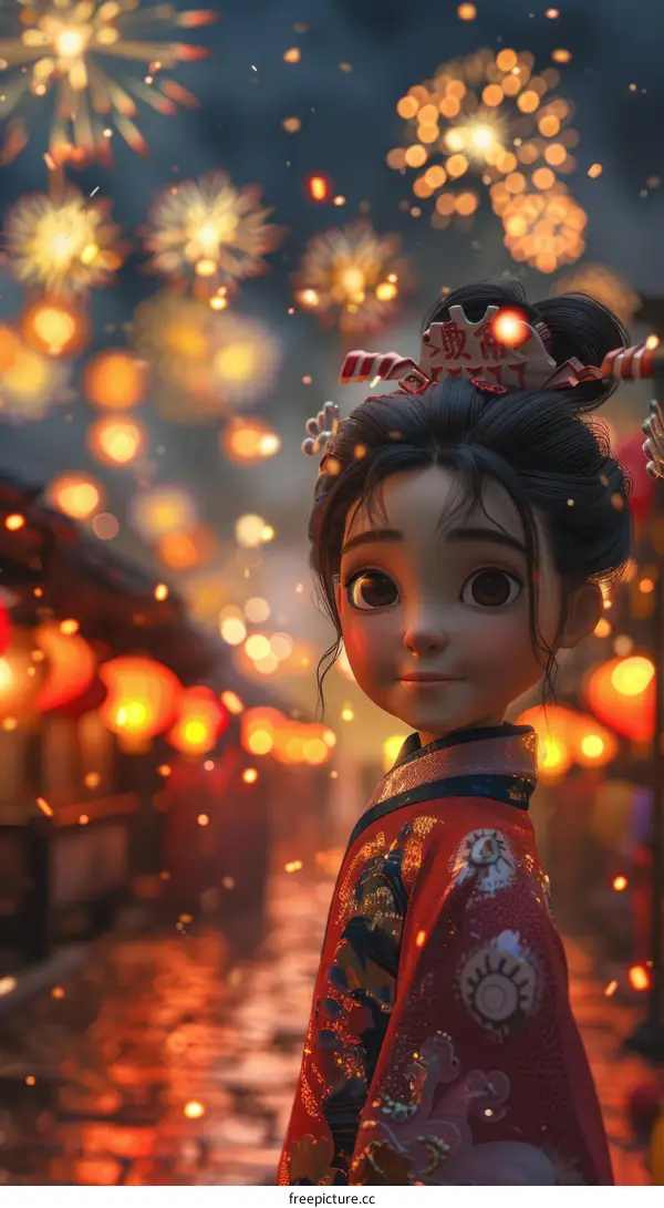 A young girl in a kimono standing in a street with fireworks in the background