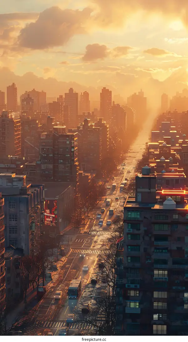 Cityscape at Sunrise with Urban Streets