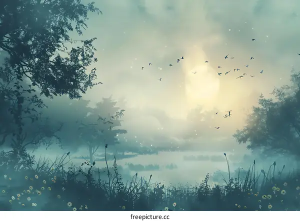 Forest Illustration With Birds Flying In The Sky