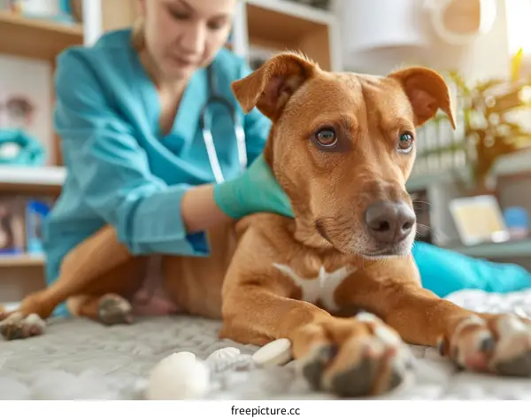Close up of a veterinarian examining a dog