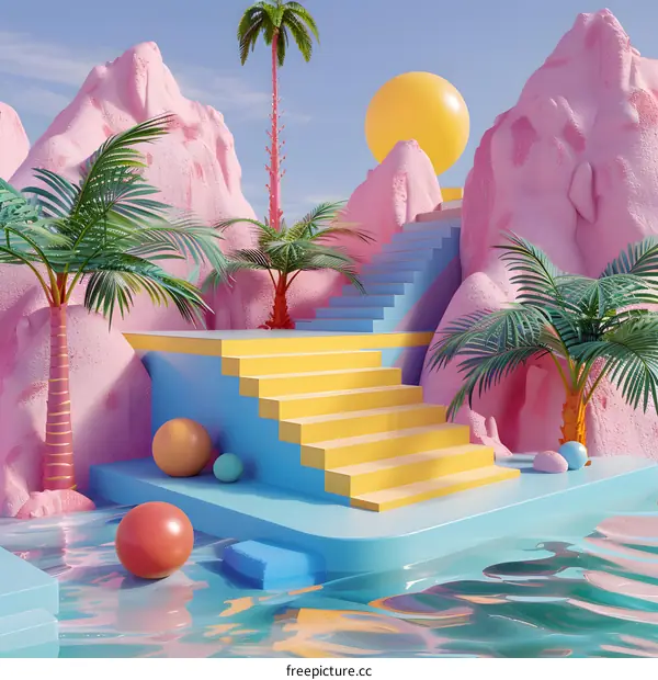 3D Rendered Abstract Summer Scene with Palm Trees and Stairs