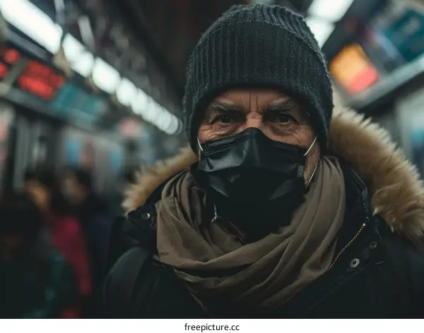 Portrait of a man wearing a mask on a subway train
