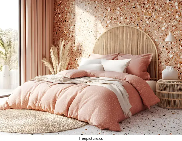 Boho Bedroom Interior Design with Pink Bedding and Wicker Headboard